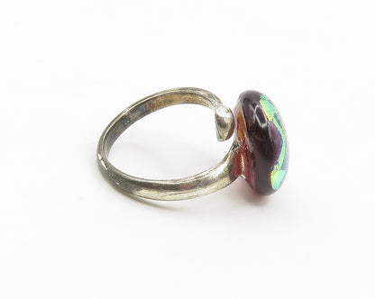 925 Sterling Silver  Vintage Dichroic Glass Bypass Band Ring Sz 6.5  RG17752
