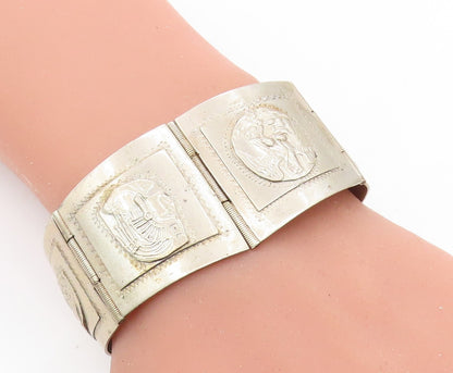 TAXCO MEXICO 925 Silver  Vintage Chief's Head Hinge Chain Bracelet  BT2688