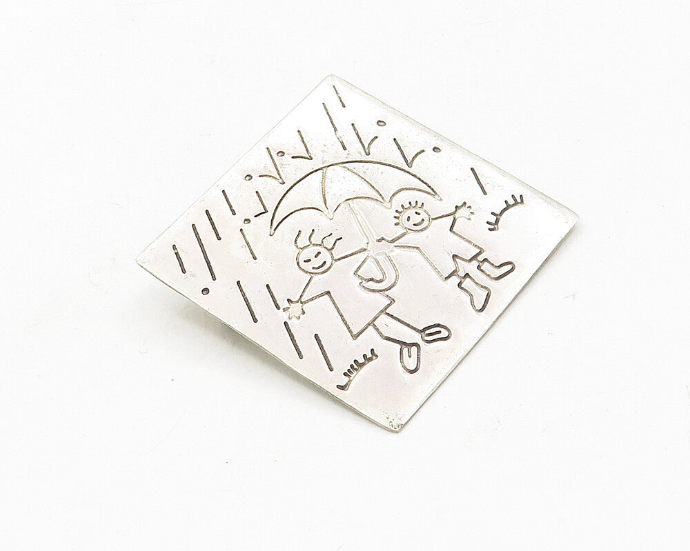 MEXICO 925 Sterling Silver  Vintage People In The Rain Scene Brooch Pin BP3745