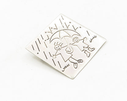MEXICO 925 Sterling Silver  Vintage People In The Rain Scene Brooch Pin BP3745