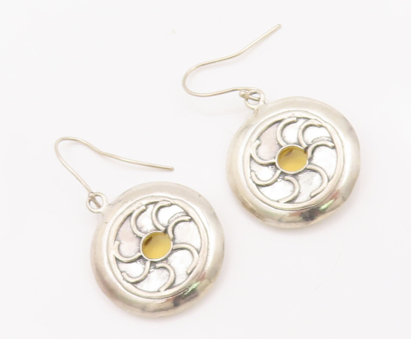 925 Sterling Silver Vintage Earrings Dangling Solid Carved Car Wheel   EG13041