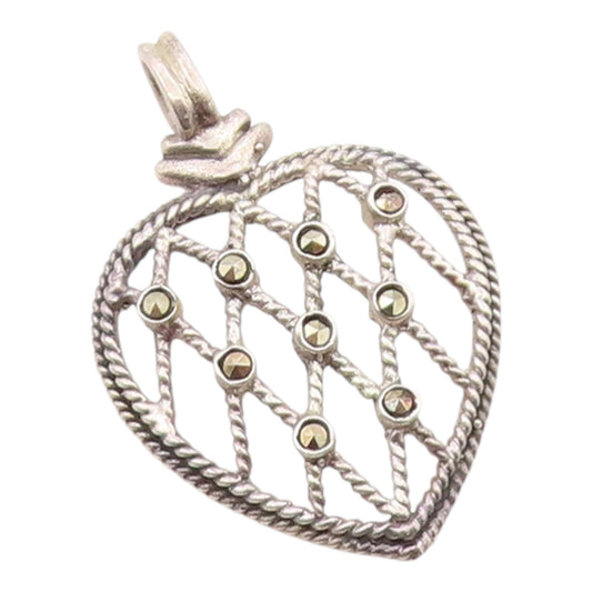 925 Sterling Silver Vintage Pendant Marcasite Woven Rope Love Heart  PT26340