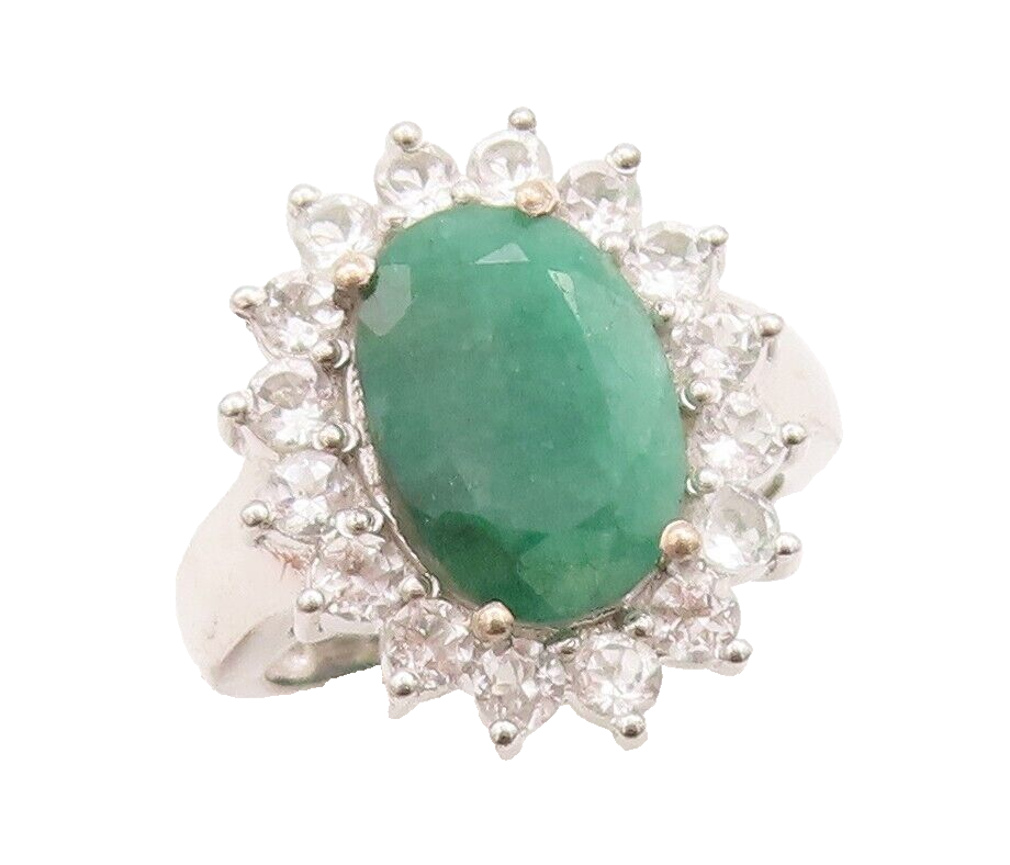 925 Sterling Silver Vintage Ring Green Gemstone Halo Topaz Flower  Sz 9  RG29539