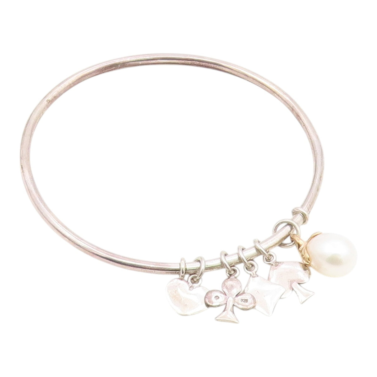 925 Silver & 14K GOLD  Vintage Shiny Pearl & Charms Bangle Bracelet  BT8086