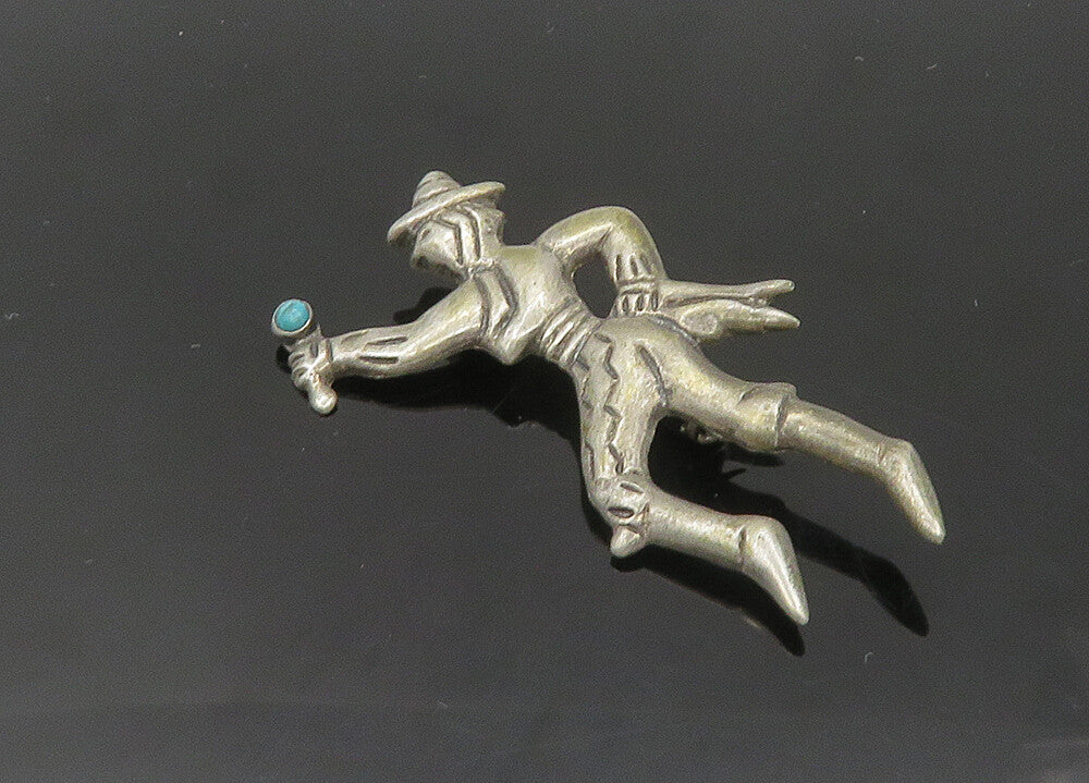 MEXICO 925 Sterling Silver  Vintage Antique Turquoise Dancer Brooch Pin BP8263