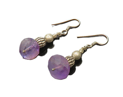 925 Sterling Silver  Vintage Faceted Amethyst Beaded Dangle Earrings  EG10013