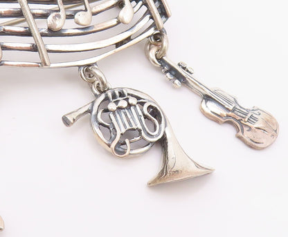 925 Sterling Silver Vintage Brooch Musical Notes & Dangling Instruments  BP11697