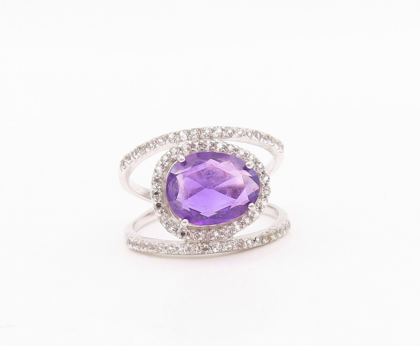 925 Sterling Silver Vintage Ring Cutout Topaz Band Oval Amethyst  Sz 7  RG29989