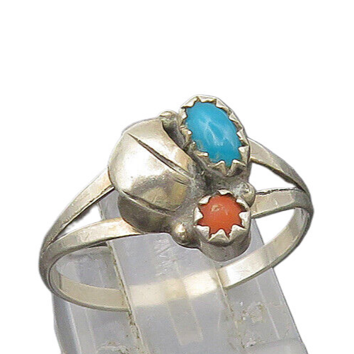 NAVAJO 925 Silver  Vintage Turquoise & Coral Floral Band Ring Sz 7  RG22299