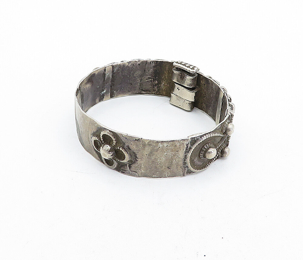 925 Sterling Silver Vintage Antique Dark Tone Floral Bangle Bracelet BT1567