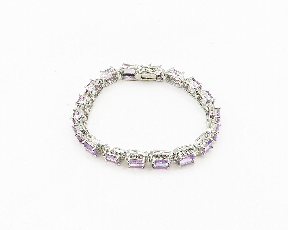 925 Sterling Silver  Prong Set Shiny Amethyst Hinge Chain Bracelet  BT7354