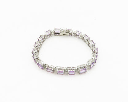 925 Sterling Silver  Prong Set Shiny Amethyst Hinge Chain Bracelet  BT7354