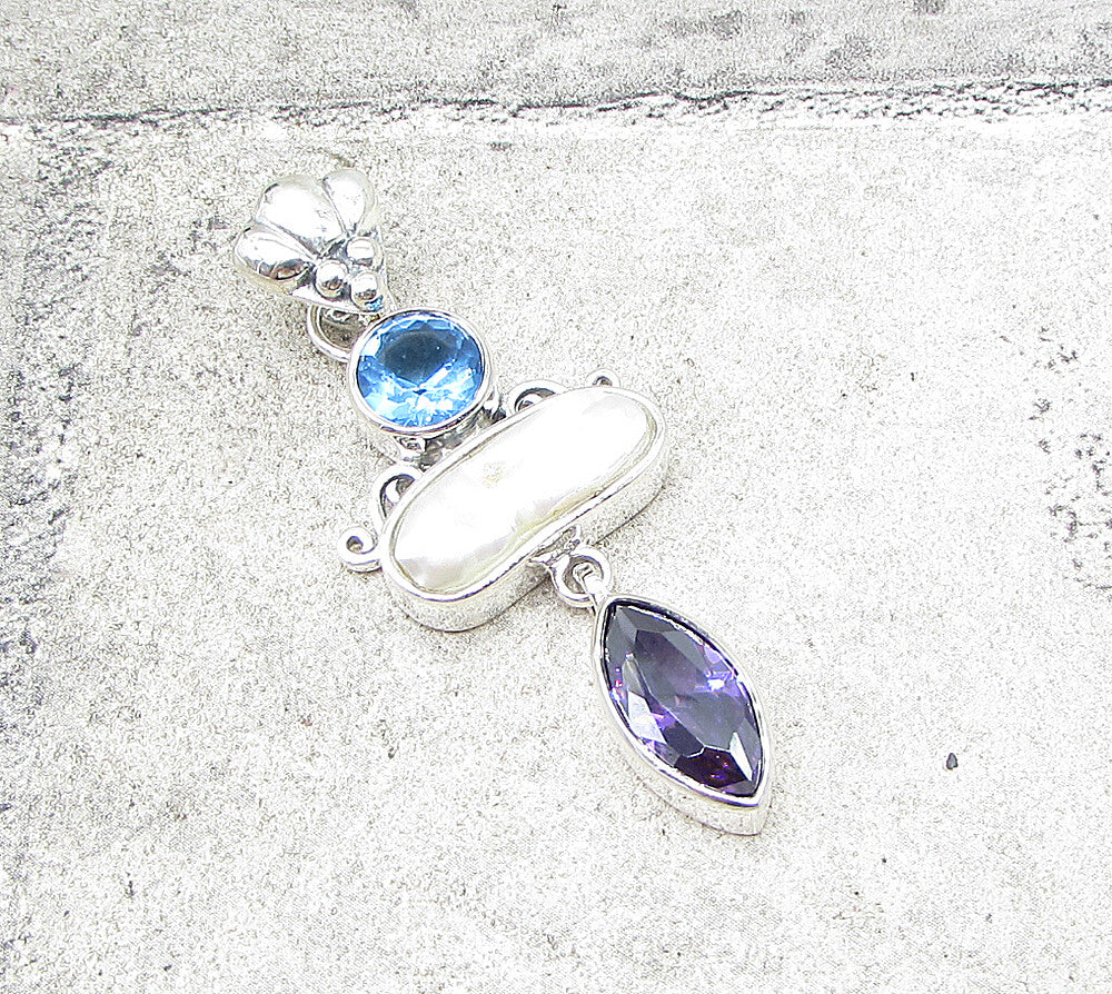925 Silver  Bezel Set Mother of Pearl Amethyst & Blue Topaz Drop Pendant PT1374