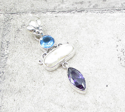925 Silver  Bezel Set Mother of Pearl Amethyst & Blue Topaz Drop Pendant PT1374