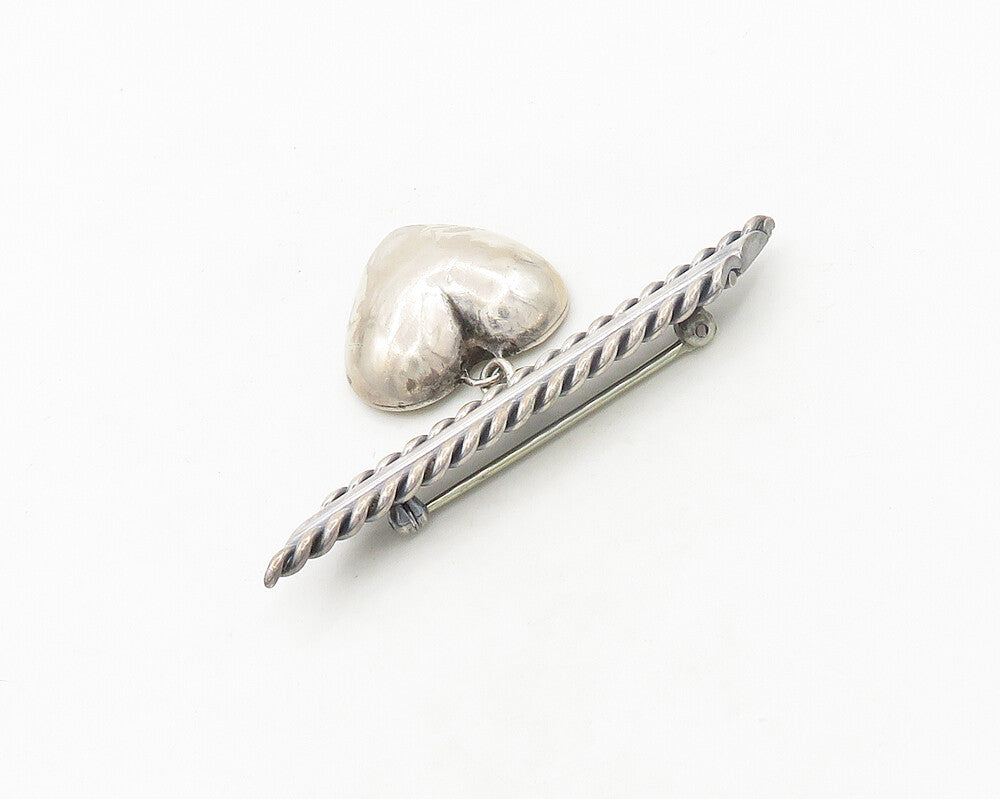 925 Sterling Silver  Vintage Dangling Love Hearts Twist Bar Brooch Pin  BP7536