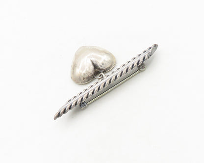 925 Sterling Silver  Vintage Dangling Love Hearts Twist Bar Brooch Pin  BP7536