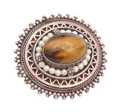 925 Sterling Silver Vintage Brooch Pin ISRAEL Tiger's Eye Swirly Carved  BP10748