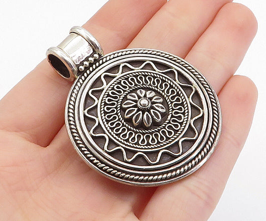 925 Sterling Silver  Vintage Swirl Twist Flower Dome Round Pendant  PT5238