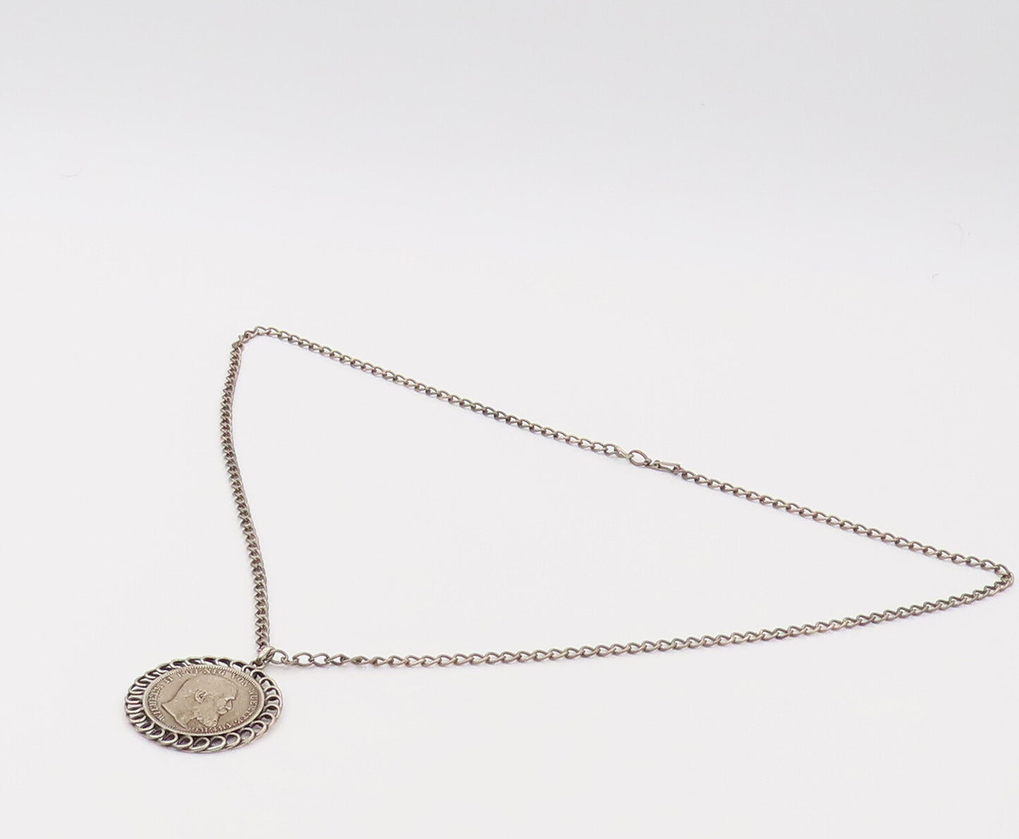 925 Sterling Silver  Vintage German Antique Coin Halo Spiral Necklace  NE4121