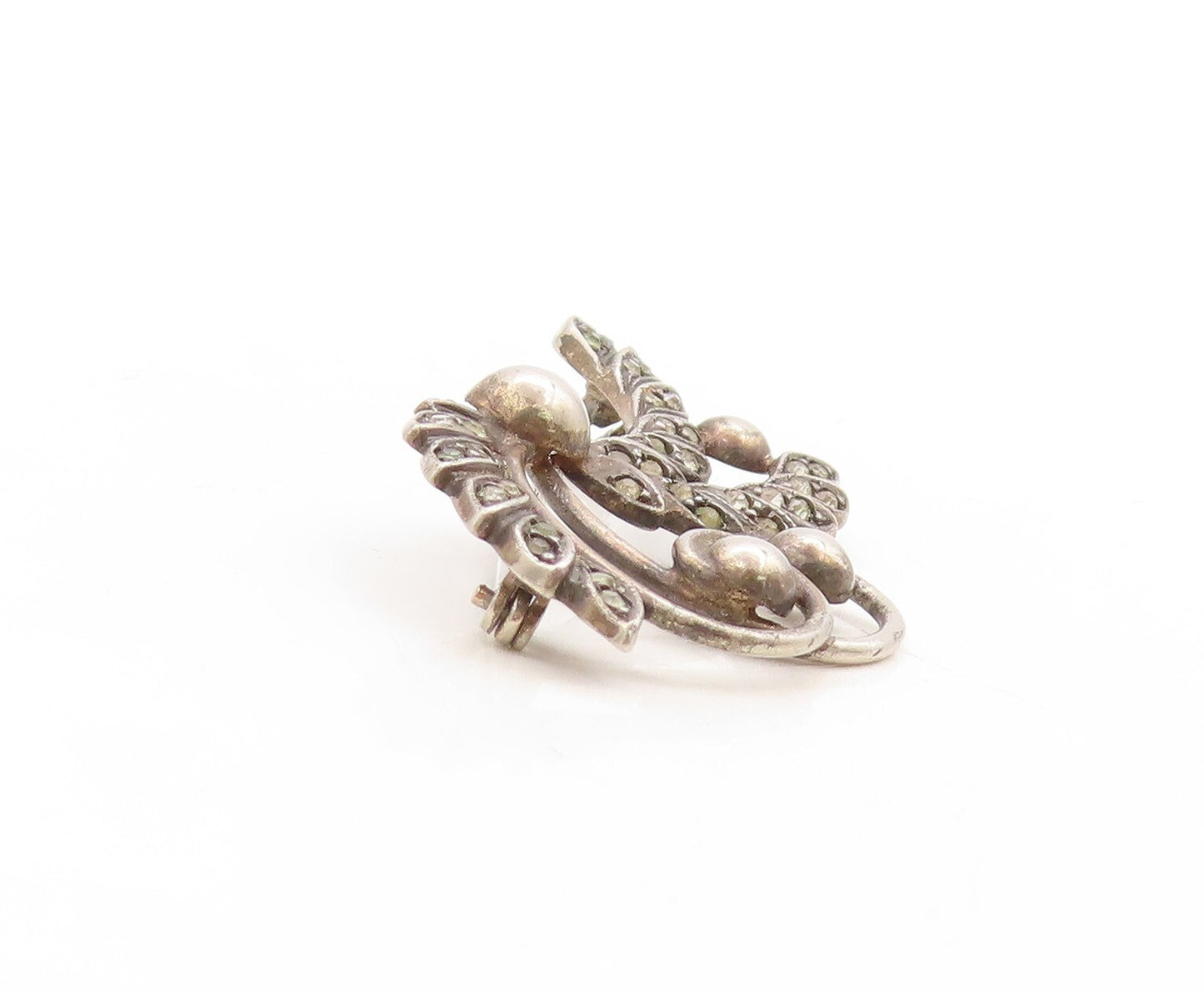 925 Sterling Silver Vintage Brooch Pin Dark Tone Peridot Floral Cutout  BP11318