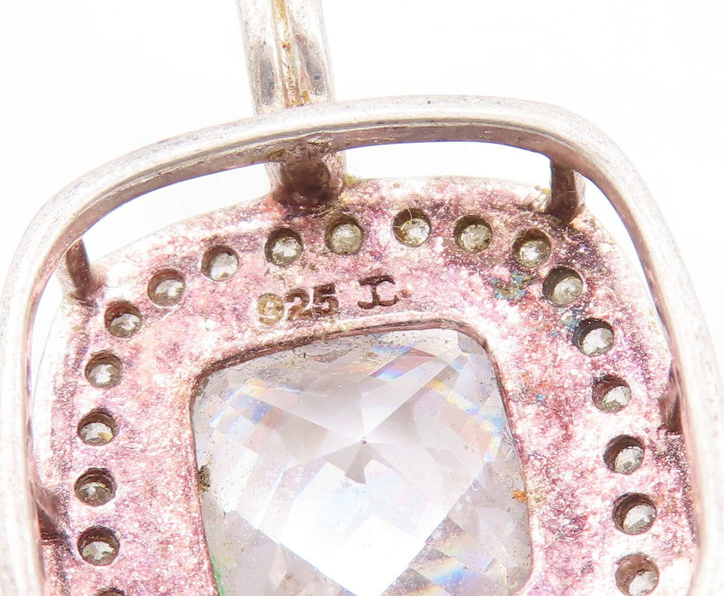 925 Sterling Silver Vintage Pendant Square Cut Halo Topaz Beaded Frame  PT23441