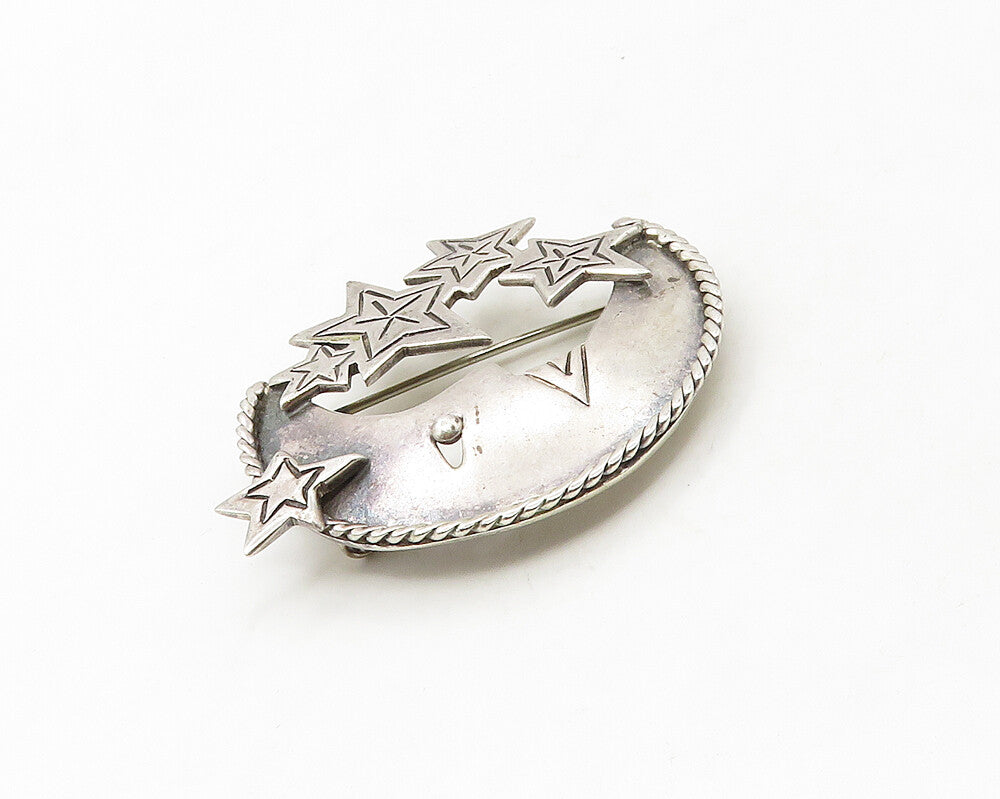 MEXICO 925 Sterling Silver  Vintage Crescent Moon & Stars Brooch Pin  BP6738