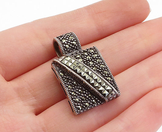 925 Sterling Silver  Vintage Marcasite Decorated Square Drop Pendant  PT2675