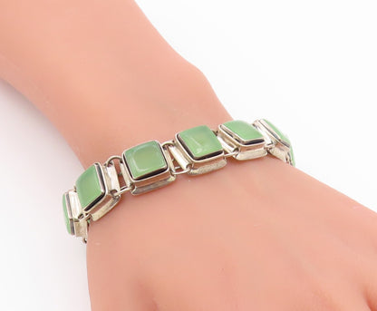 925 Sterling Silver Vintage Bracelet POLAND Jade Geometric Square Link  BT12175