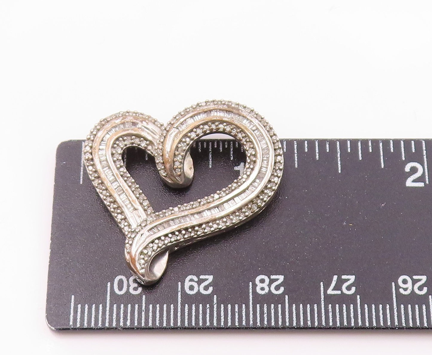 925 Sterling Silver  Vintage Genuine Diamonds Open Love Heart Pendant  PT17979