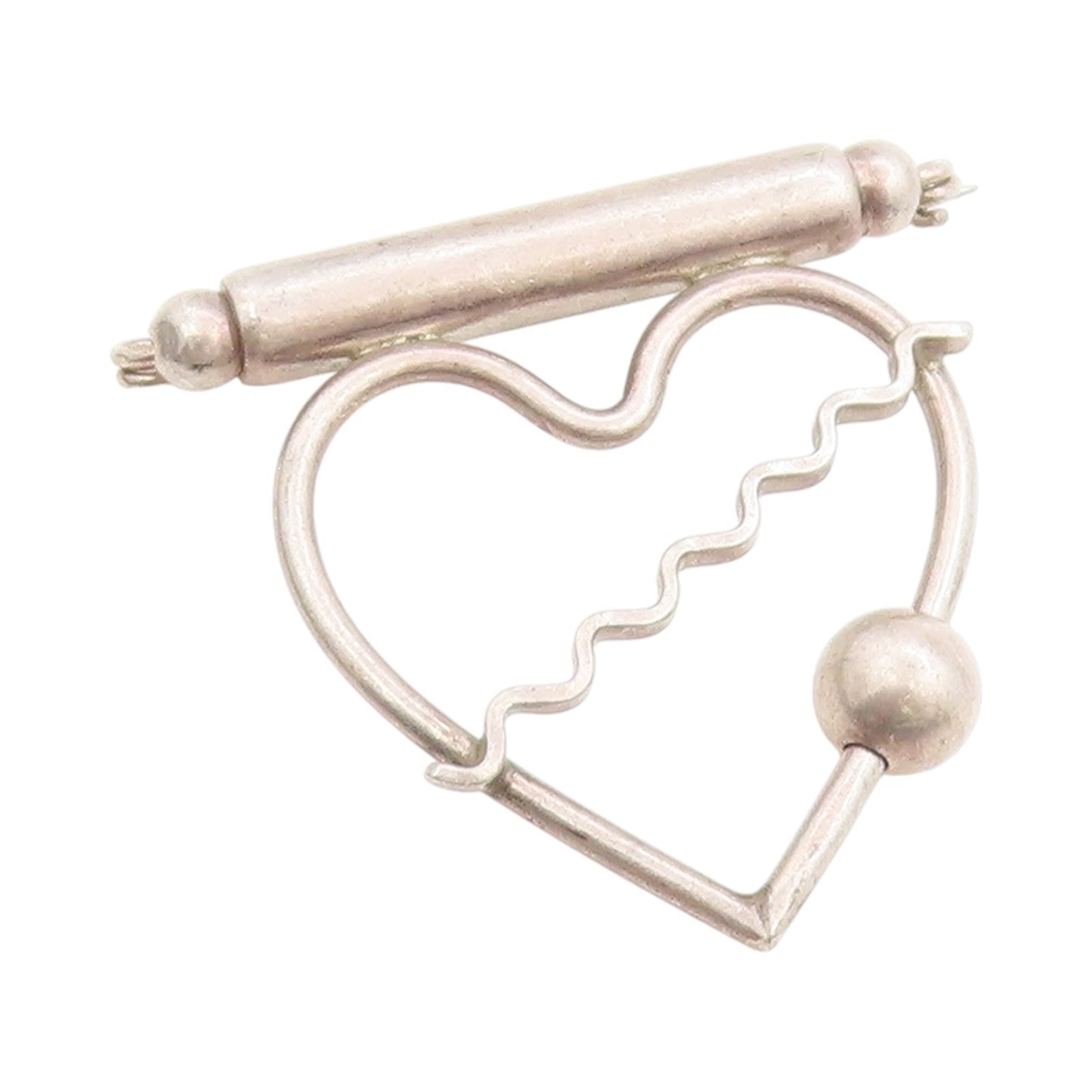 925 Sterling Silver Vintage Brooch Love Heart With Wavy Divider & Ball  BP11933