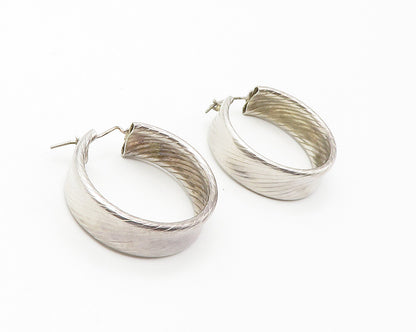 925 Sterling Silver  Vintage Shiny Slanted Etched Round Hoop Earrings  EG7319