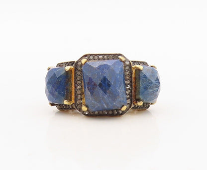925 Sterling Silver Vintage Ring Diamonds & Rectangle Blue Gemstone Sz 8 RG30323