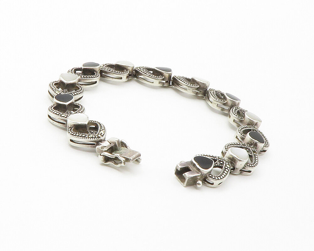 925 Silver  Vintage Mother Of Pearl & Black Onyx Heart Chain Bracelet  BT5754