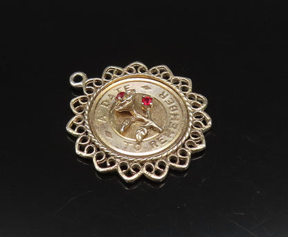 925 Sterling Silver Vintage Date To Remember Garnet Flower Medal Pendant PT21859
