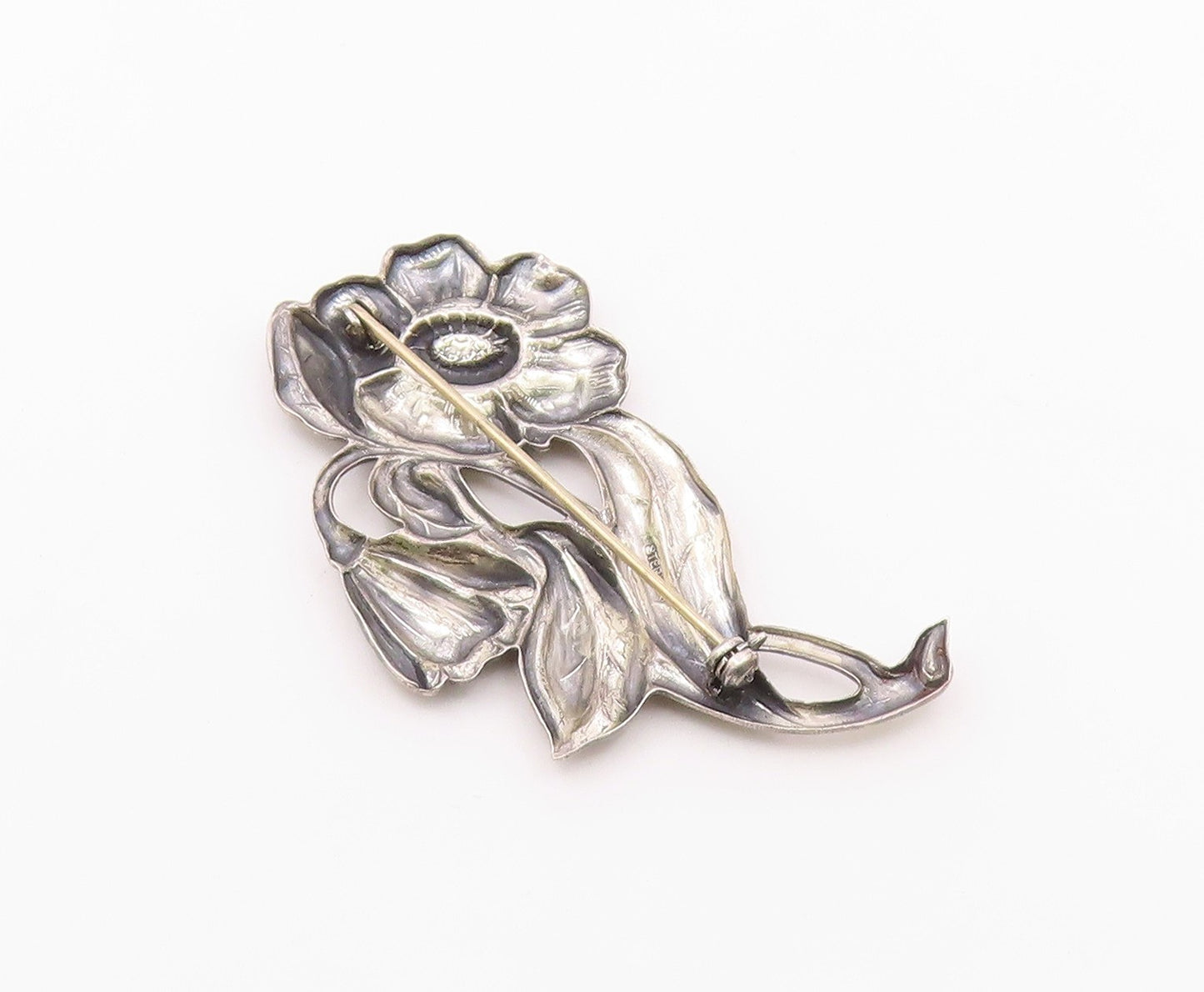 925 Sterling Silver  Vintage Etched Blooming Flowers Motif Brooch Pin  BP3225