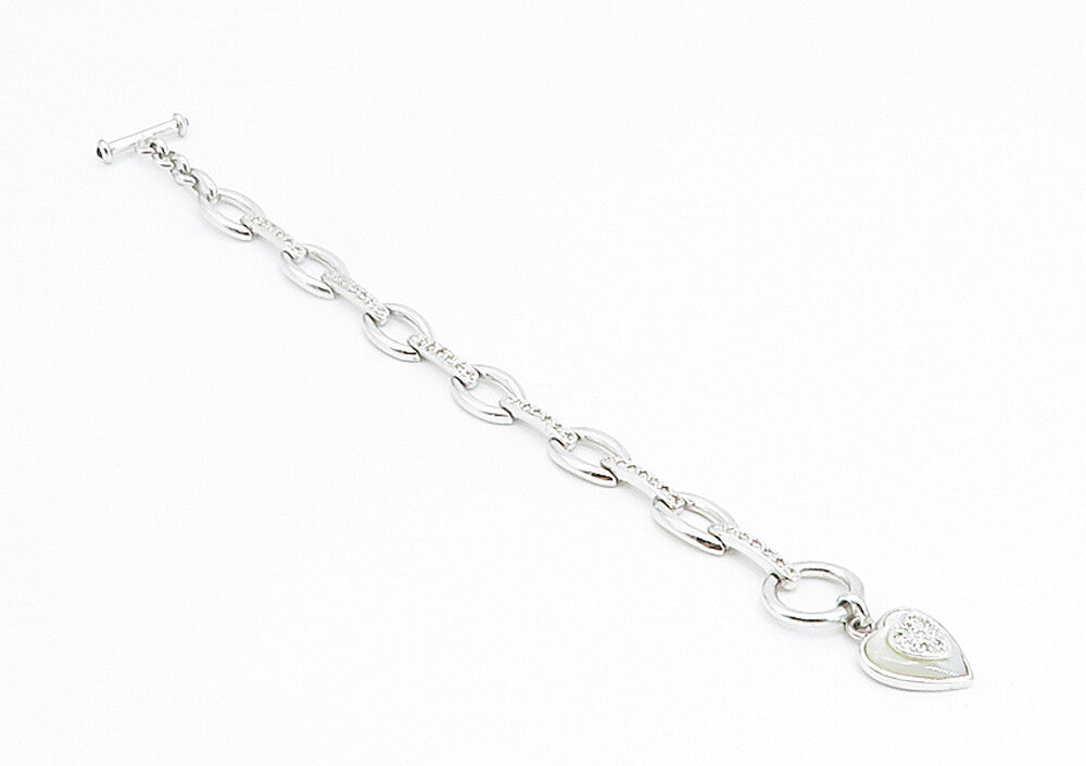 JENNA NICOLE 925 Silver  Mother Of Pearl & Topaz Heart Chain Bracelet  BT3485
