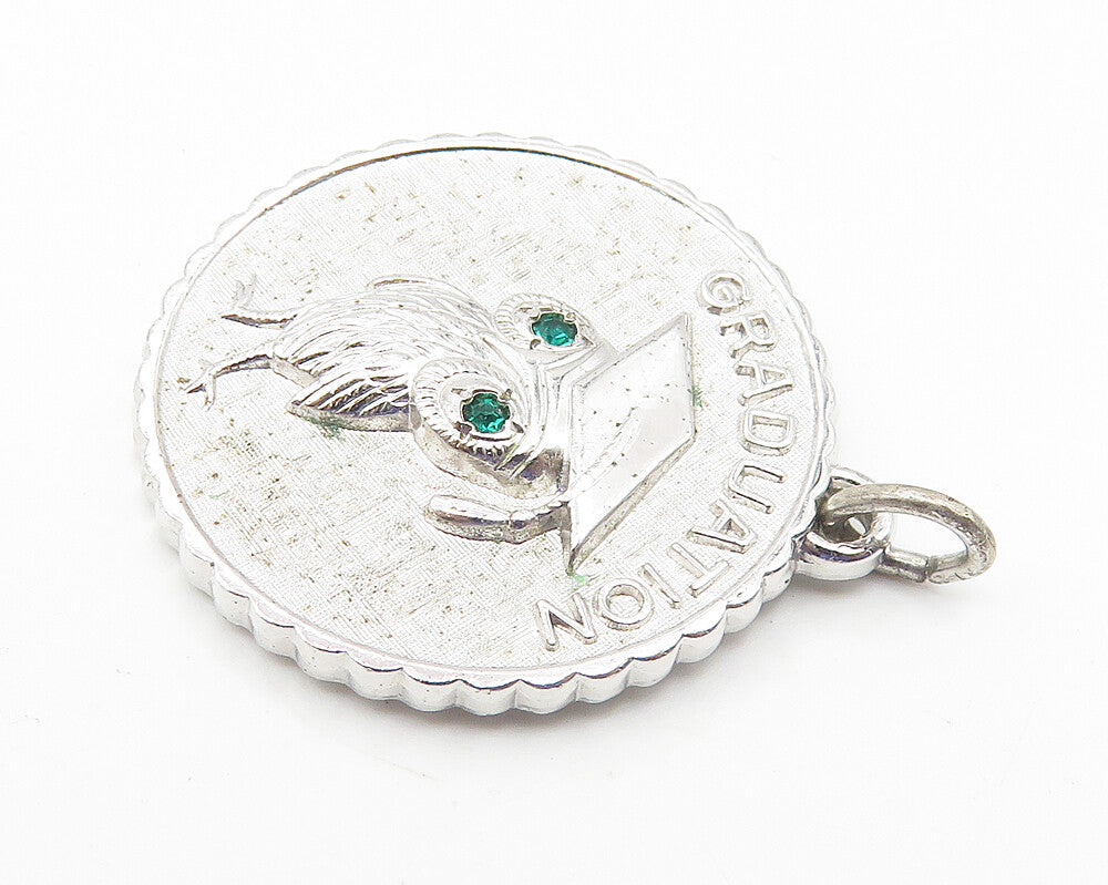 925 Sterling Silver  Vintage Green Topaz Accent Graduated Owl Pendant  PT8349