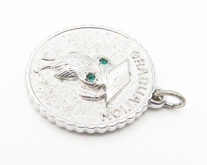 925 Sterling Silver  Vintage Green Topaz Accent Graduated Owl Pendant  PT8349