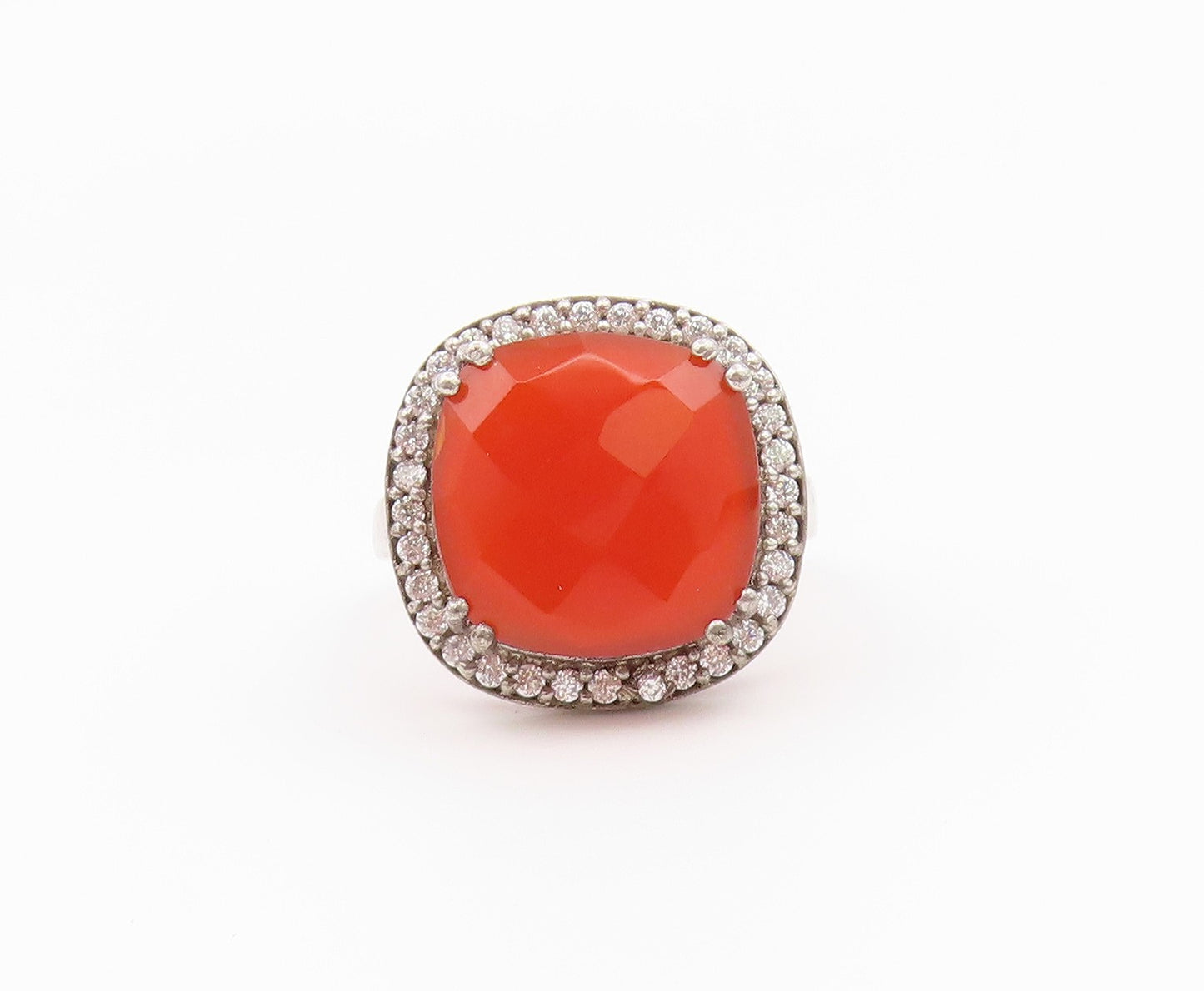 925 Sterling Silver Vintage Ring Faceted Carnelian Halo CZ Band  Sz 7.5  RG36552