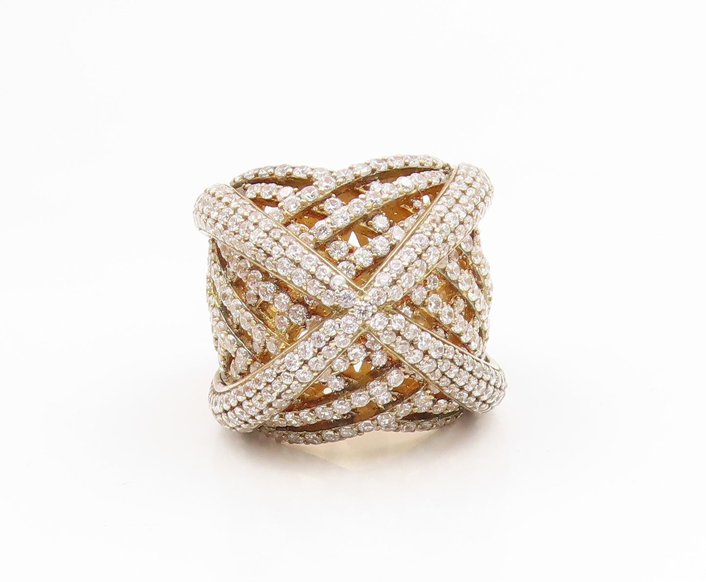 925 Sterling Silver Vintage Ring Gold Plated CZ Crossover Band  Sz 6  RG35112