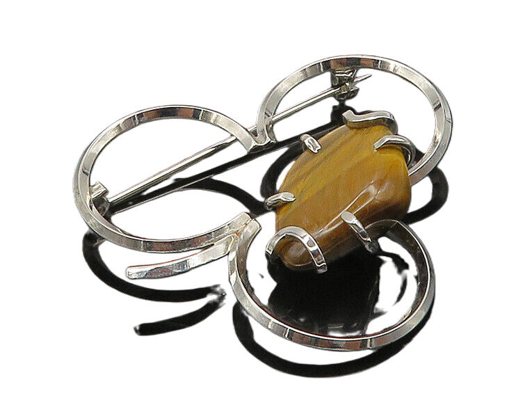 925 Sterling Silver  Vintage Tiger's Eye Shiny Clove Motif Brooch Pin  BP7317
