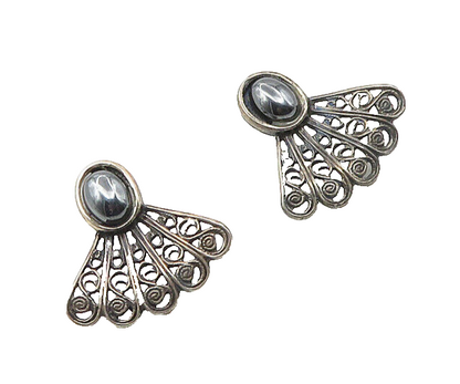 925 Sterling Silver  Vintage Cabochon Cut Hematite Swirl Drop Earrings  EG9038