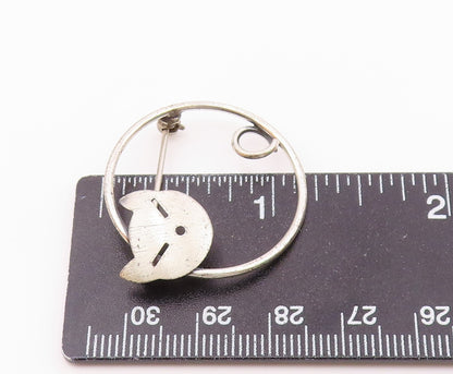 BEAU 925 Silver  Vintage Round Kitty Cat Head & Tail Brooch Pin  BP10074