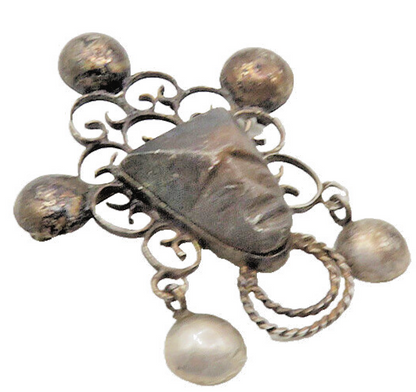 MEXICO 925 Silver  Vintage Antique Face Carved Brown Stone Brooch Pin  BP3617