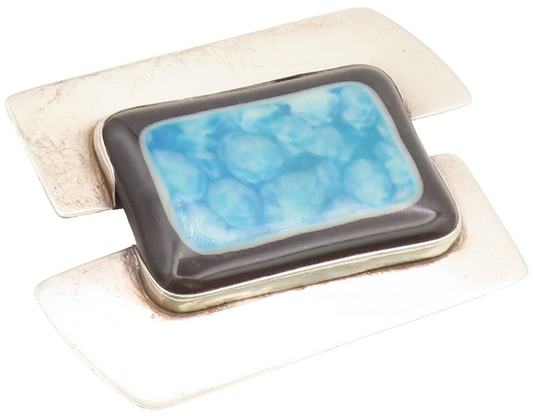 925 Silver  Vintage Modernist Large Black Blue Moss Agate Brooch Pin  BP10345