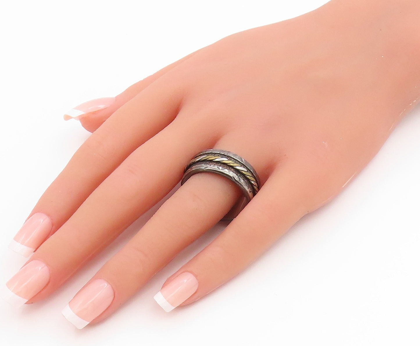 925 Sterling Silver Vintage Ring Two Tone Twisted Wide Band  Sz 12.5  RG35600