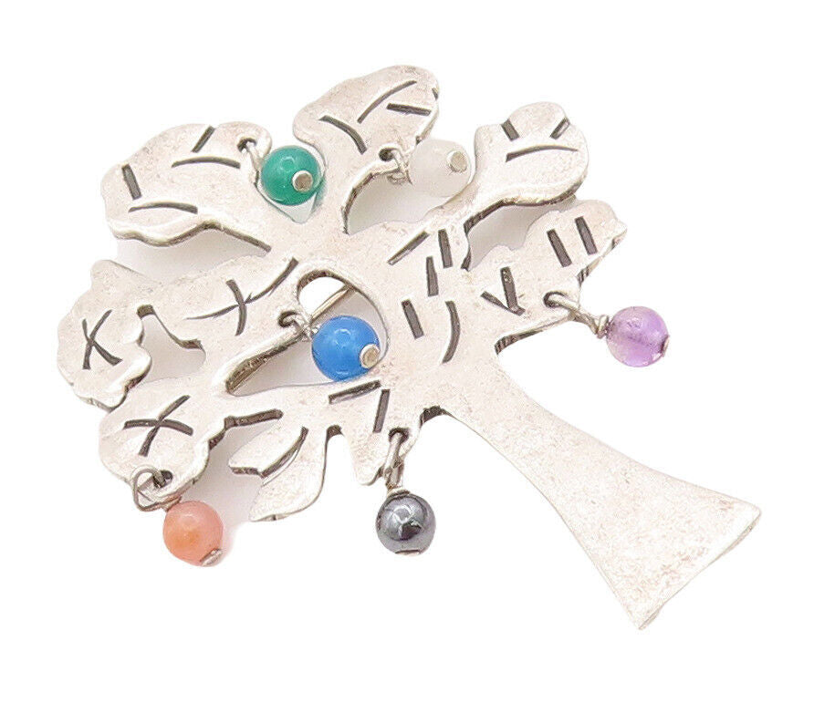 925 Sterling Silver Vintage Brooch Pin Designer Gemstone Beaded Tree  BP10872
