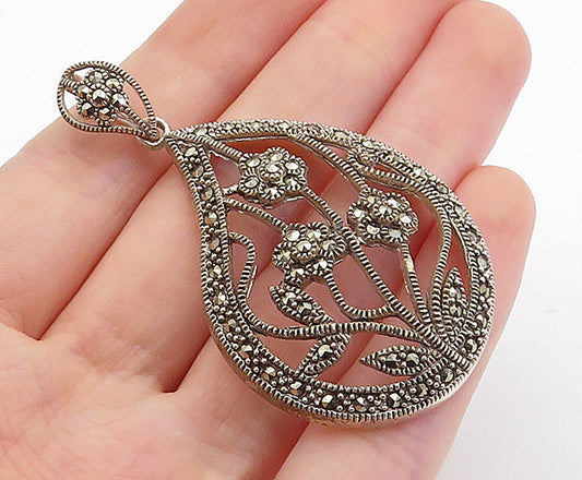 925 Sterling Silver  Vintage Marcasite Decorated Flowers Motif Pendant  PT5871