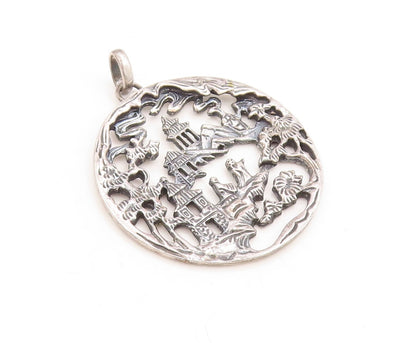 925 Sterling Silver Vintage Pendant NAPIER Dark Tone Village Landscape  PT23841