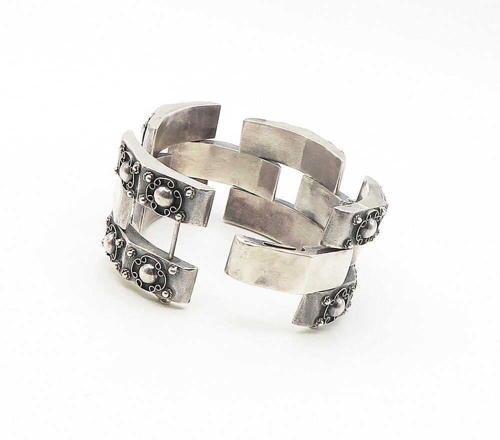 MEXICO 925 Silver  Vintage Oxidized Floral Pattern Chain Bracelet  BT6617